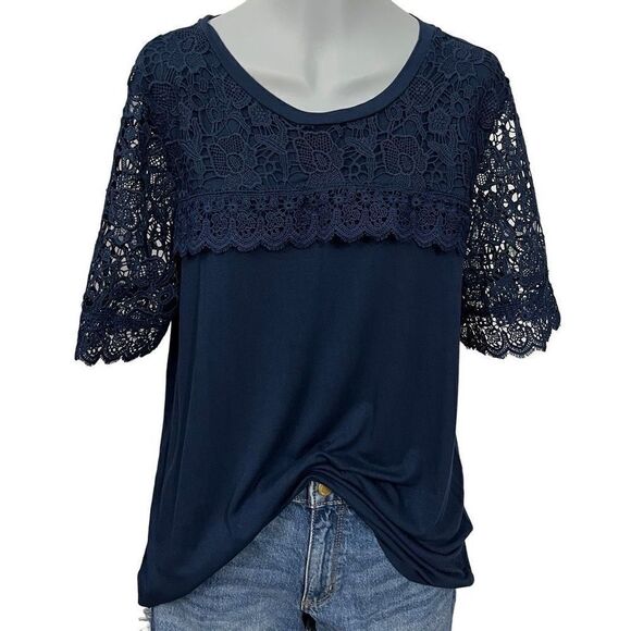 Adrianna Papell Navy Blue Top Shirt Lace Sleeves And Neckline Overlay Size Small - Picture 2 of 11